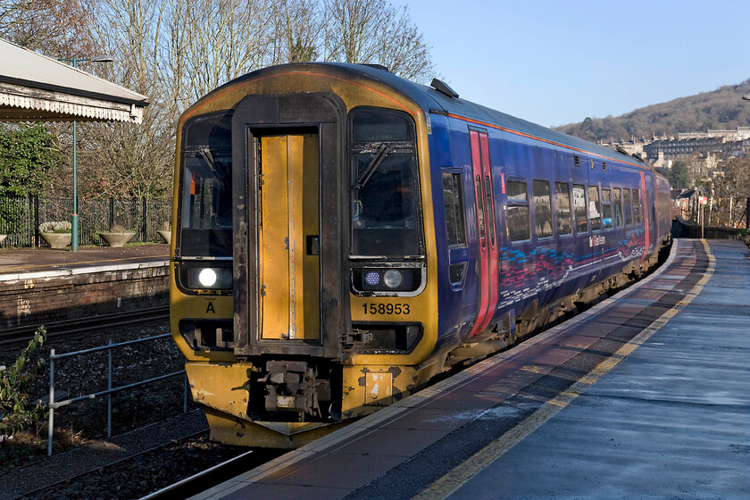 158953, GW 10.23 Portsmouth Harbour-Cardiff Central (Cancelled from Bristol Temple Meads) (1F14), Bath Spa station 
 In superb winter lighting, the 10.23 Portsmouth Harbour to Cardiff First Great Western service arrives at Bath Spa. Unfortunately, for some of the passengers travelling on 158953, their journey was to be interrupted on arrival at Bristol with the train having to be cancelled for 'an unreported problem' according to RTT! 
 Keywords: 158953 10.23 Portsmouth Harbour-Cardiff Central Cancelled from Bristol Temple Meads 1F14 Bath Spa station First Great Western