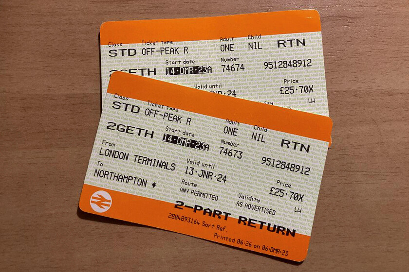 Tickets, London Euston-Northampton 
 Our off-peak return tickets for our two-day trip to London remain at just above 25. The announcement has just been made that fares will rise by 4.9% so potentially this journey will cost us 27 from March. 
 Keywords: Tickets, London Euston-Northampton