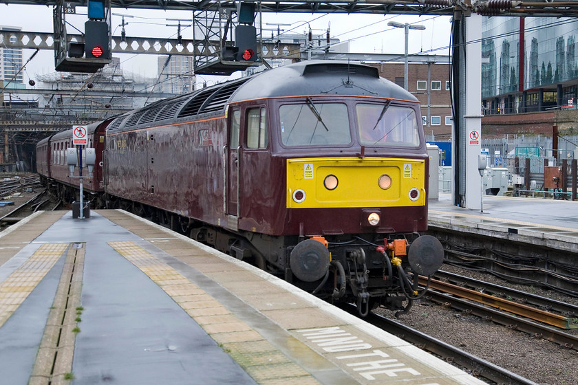 47746, 08.30 Hornsey-London King's Cross ECS (5Z24), London King's Cross station 
 In its drab WCR livery, 47746 brings the empty coaching stock for The Cathedrals Express charter into King's Cross station. The stock was stabled overnight at nearby Hornsey with it running in from there as the 5Z24. 47746 was previously numbered 47605 up until 1994 with it being based at various locations across the country ranging from Eastfield, Tinsley, Crewe and Old Oak Common (to name a few). Prior to this, it was numbered 47160 that I managed to capture in a quiet moment when it was on shed at Westbury in 1980, see..... https://www.ontheupfast.com/p/21936chg/29422475204/class-37-47341-47160-50015-33003 
 Keywords: 47746 08.30 Hornsey-London King's Cross ECS 5Z24 London King's Cross station WCR West Coast Railways