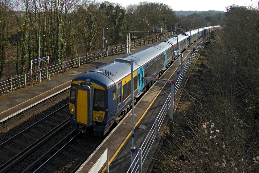 375901 & 375619, SE 12.58 Dover-London Charing Cross (2W42, RT), Eynsford station 
 On a glorious early spring afternoon, 375901 and 375619 arrive at Eynsford station working the 12.58 Dover Priory to Charing Cross. 
 Keywords: 375901 375619 12.58 Dover-London Charing Cross 2W42 Eynsford station