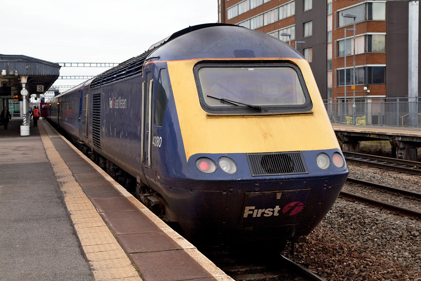 43180, GW 10.30 Bristol-London Paddington (1A13, 3E), Swindon station 
 43180 is seen at the rear of the 1A13 10.30 Bristol Temple Meads to London Paddington working at Swindon station. This power car was initially part of set 243049 introduced on the north east to south west route in the summer of 1982. It then moved to the Midland and wore the name 'Rio Glory' and then, as here back to the Western Region and still performing reliably in its 36th year of service! 
 Keywords: 43180 1A13 Swindon station