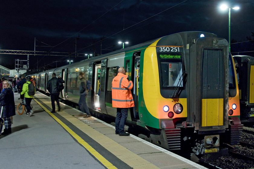 350251, LN 15.24 London Euston-Rugeley Trent Valley (Cancelled from Northampton) (9K56, 45L), Northampton station 
 Our train back from Milton Keynes to Northampton has just arrived and been promptly cancelled meaning all the passengers intending to travel on further are having to alight and hopefully continue their journey on another service. 350251 was already crowded as the 15.24 Euston to Rugeley Trent Valley before it was terminated to return back to Euston. We were given scant information for the delay arriving forty-five minutes behind schedule with a stack of trains behind us and with Northampton station running out of platform space. Yesterday, we were told it was 'staff shortages' today 'power issues', either way, huge inconvenience and costly repay delay payments incurred by the operator. 
 Keywords: 350251 15.24 London Euston-Rugeley Trent Valley 9K56 Northampton station