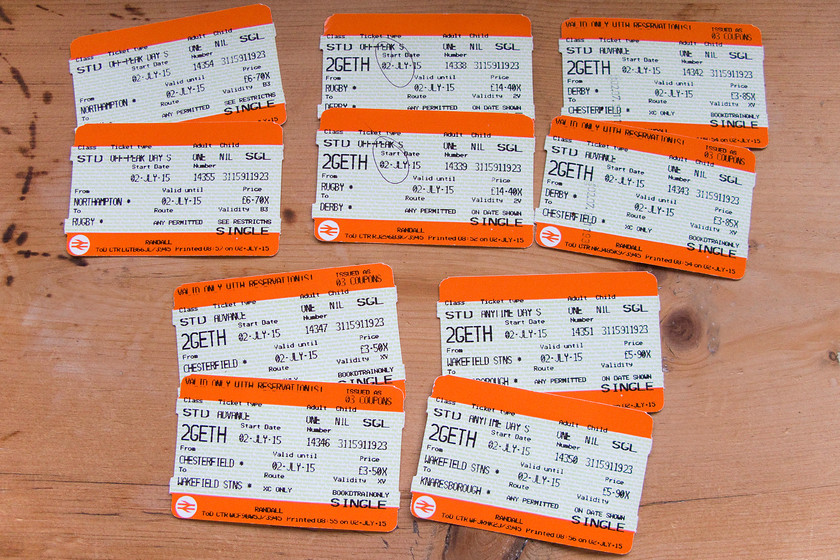 Tickets, Northampton-Knaresborough 
 Using split ticketing meant that the journey from Northampton to Knaresborough was split into five separate parts. Studying the tickets reveals some interesting anomalies. For example, the Rugby to Derby leg is 14.40 whereas, the sum total of the two legs from Derby to Wakefield is just over 7! If any one of the many reviews that suggest the removal of split ticketing is ever acted upon I will miss them in terms of the interesting breakdowns that they create and the consequential mass production of paper tickets! 
 Keywords: Tickets Northampton-Knaresborough