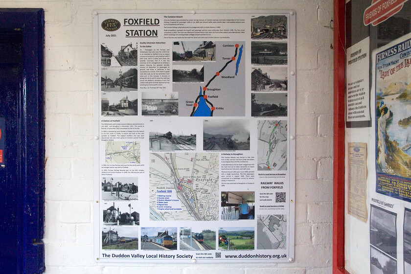 Information display with my image included (lower left), Foxfield station waiting room 
 Some years ago a member of the Duddon Valley Local History Society contacted me to request the use of an image on my website. I agreed and subsequently forgot about it that is until I entered the waiting room at Foxfield station and inspected their very informative display. Bottom left is my image showing a Class 108 DMU at the station back in 1979, see... https://www.ontheupfast.com/p/21936chg/26718012404/m56250-m50947-14-40-barrow-furness Who would have thought that a photograph taken by a fifteen-year-old me on my Zenth EM in 1979 would be back on the station in 2024! 
 Keywords: Information display with my image included lower left Foxfield station waiting room