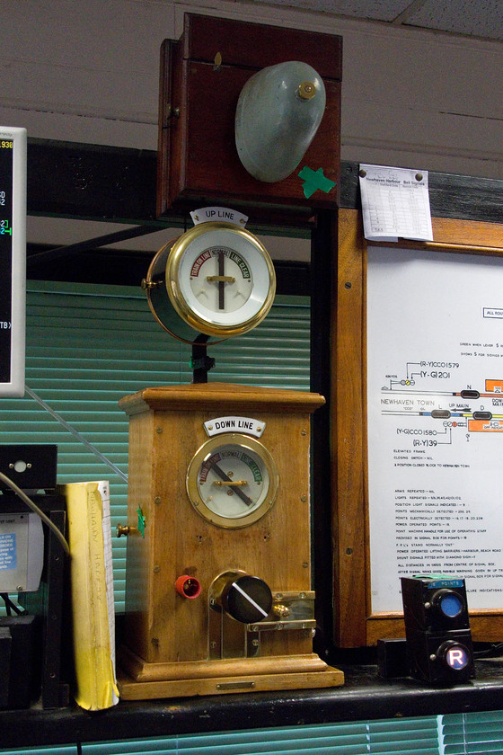 Block instruments, Newhaven Harbour signal box 
 Inside Newhaven Harbour signal box one of the remaining ex Southern Railway three-position block instruments is seen being still in use. The application of the green crosses crudely fabricated from what looked to be insulation tape indicates that, when the box closes in three weeks time, this piece of equipment is surplus and earmarked for removal. I hope that this vintage and perfectly serviceable equipment is not simply 'skipped' but is either stored for possible re-use, preserved or offered to heritage railways. 
 Keywords: Block instruments Newhaven Harbour signal box