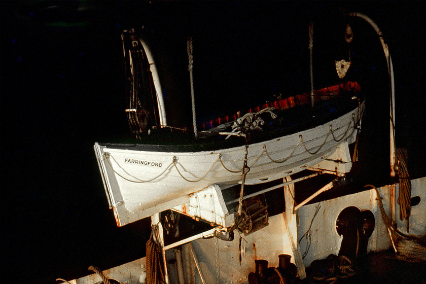 MV Farringford, lifeboat 
 MV Farringford, dating from 1947, had two lifeboats both on the port side, one astern and one forward. Taken from the passenger platform this is the astern boat. 
 Keywords: MV Farringford lifeboat BR Sealink