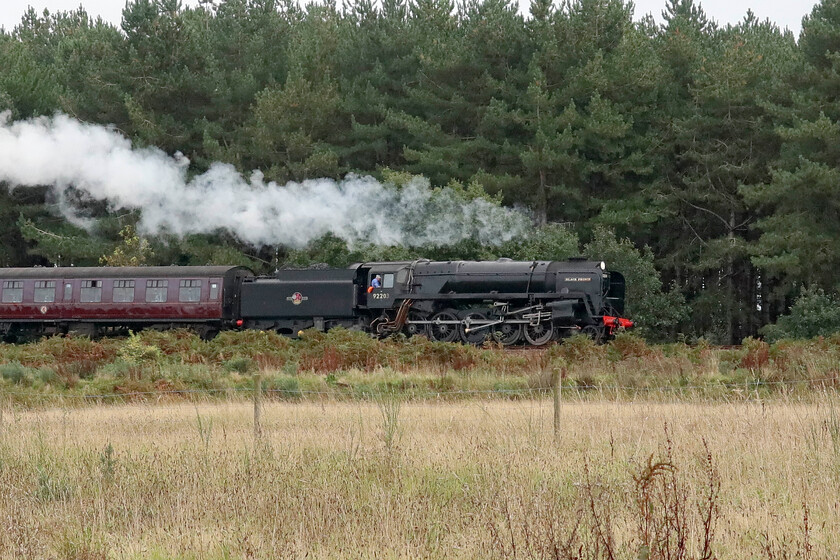 92203, 13.40 Sheringham-Holt, Holt Garden Centre-19.10.23 
 A spot from which I have never photographed a train on the North Norfolk Railway is here from the grounds of Holt Garden Centre. Leaving my wife to finish her lunch I popped out to photograph 92203 'Black Prince' leading the 13.40 Sheringham to Holt service. This broadside view reveals the bulk of the 2-10-0 9F but also its simplicity of design that contributed to it being one of the finest class of steam locomotives. 
 Keywords: 92203 13.40 Sheringham-Holt Holt Garden Centre Black Prince 4-6-0 9F