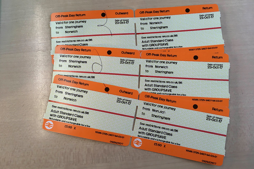 Tickets, Sheringham-Norwich-Sheringham 
 It was actually cheaper for us to buy three adult group save tickets rather than use our railcards for our return journey to Norwich from Sheringham. Full marks to the train guard for identifying this option thus saving us a few pounds.