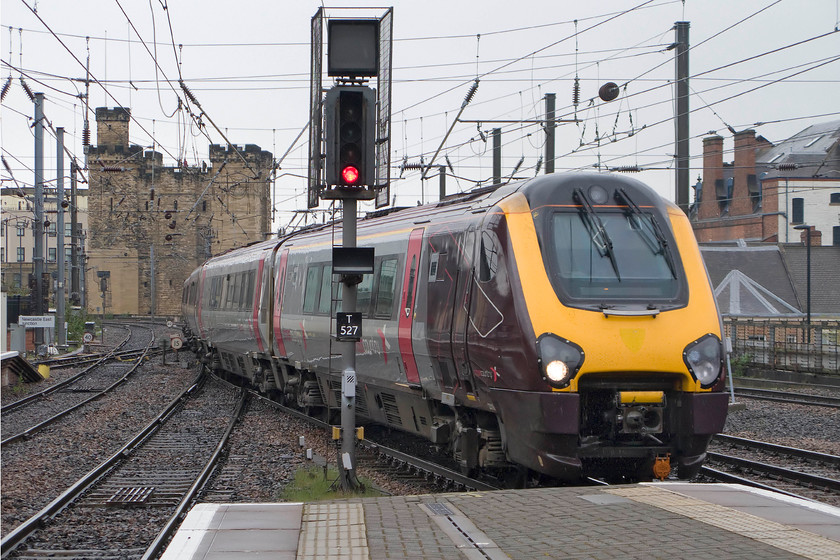 221119, XC 13.09 Edinburgh Waverley-Plymouth (1V64), Newcastle station 
 Voyager 221119 arrives into Newcastle forming the 13.09 Edinburgh to Plymouth service. The relatively simple track layout at the eastern end of Newcastle station is a marked contrast to how it used to be. Prior to the opening of the Metro in 1980, Newcastle Central had an area, now a carpark, used by the suburban trains. These joined the trackwork from the left of this image creating a very complicated and extensive network of tracks. 
 Keywords: 221119 13.09 Edinburgh Waverley-Plymouth 1V64 Newcastle station Cross country voyager