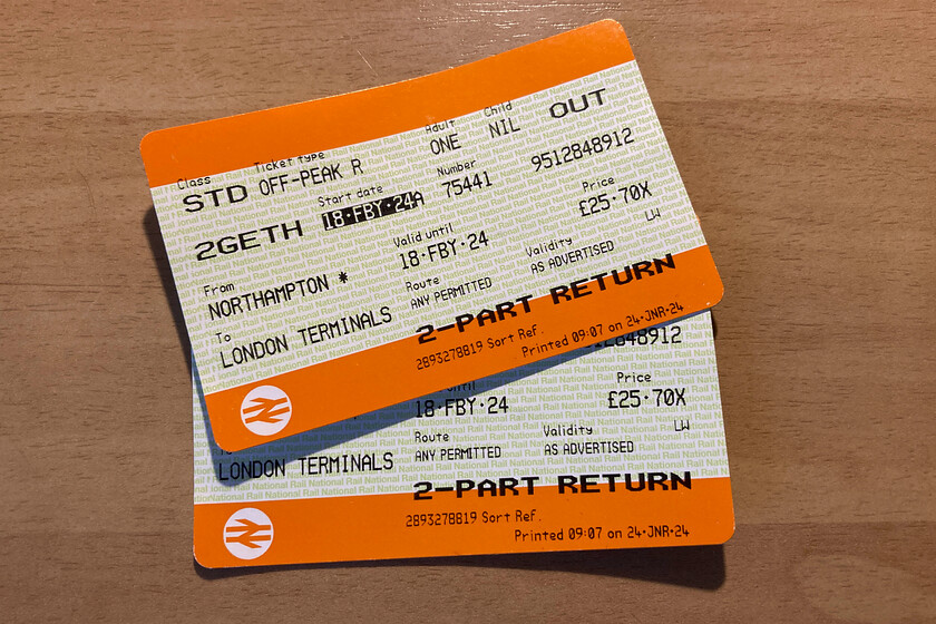 Tickets, Northampton-London Euston 
 Our outward off-peak tickets for travel from Northampton to Euston. 
 Keywords: Tickets Northampton-London Euston