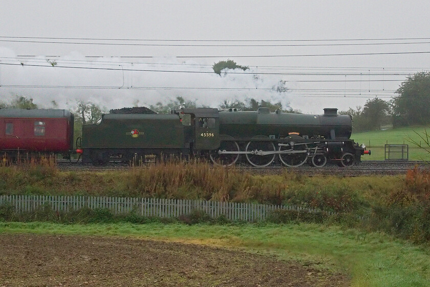 45596, outward leg of The Mancunian, 07.12 London Euston-Manchester Piccadilly (1Z96, 5E), between Roade & Ashton 
 A second and marginally better photograph of 45596 'Bahamas' as it passes between Roade and Ashton leading the Mancunian charter running as 1Z96. If it had not been for the fact that the charter was seam hauled and led by a relatively rare visitor to the southern WCML I would probably have stayed at home due to it being so dull and dark on this Saturday morning. Notice the red face of the crew member in the cab of the Jubilee with the fire box obviously being open at the moment I pressed the shutter. The same view is very different to when I photographed Flying Scotsman four months earlier, see.... https://www.ontheupfast.com/p/21936chg/30042343232/x60103-outward-leg-cheshireman-06 
 Keywords: 45596 The Mancunian, 07.12 London Euston-Manchester Piccadilly 1Z96 between Roade & Ashton