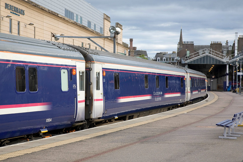 10504, 10520 & 10605 Mk. III sleeper stock, Inverness station 
 The Mk. III sleeper stock is due for replacement in the next few years that will precipitate the withdrawal of this somewhat elderly nocturnal accommodation. Numbers 10504, 10520 and 10605 are seen at Inverness as part of the 1M16 20.44 to London Euston.