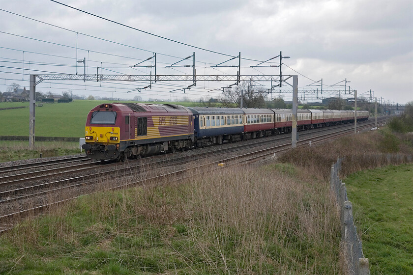 67023, outward leg of The The Welshpool & Llanfair Railway & Historic Shrewsbury, 07.12 Letchworth-Shrewsbury (1Z07), Gordon's Lodge SP776483 
 67023 leads the rather clumsily named The Welshpool & Llanfair Railway & Historic Shrewsbury charter past Gordon's Lodge near to Hanslope Junction. Unusually, the charter originated at Letchworth departing southwards at 07.12 before taking the North London Line to join the WCML Camden Junction. 
 Keywords: 67023 The Welshpool & Llanfair Railway & Historic Shrewsbury 07.12 Letchworth-Shrewsbury 1Z07 Gordon's Lodge SP776483