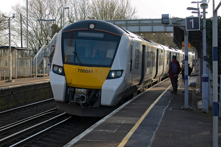 700041, TL 14.28 Sevonoaks-London Blackfriars (9Y36, RT), Eynsford station 
 The 14.28 Sevonoaks to Blackfriars service arrives at Eynsford station formed of 700041. These dual-voltage (AC via a pantograph or DC via third rail pick-up) were introduced in 2014 with the final unit entering service last year in 2018. I think that they look purposeful but I am not sure that there white paintwork will look quite so good in a year of two? 
 Keywords: 700041 14.28 Sevonoaks-London Blackfriars 9Y36 Eynsford station