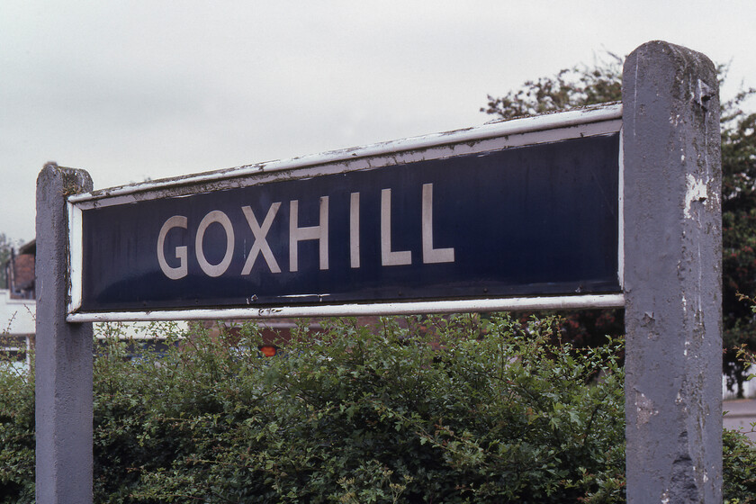 Enamel, Goxhill station 
 Goxhill station back in 1981 had a plethora of infrastructure from a previous railway era. One of the most delightful was this large enamel running-in board that was mounted in a wooden frame on concrete posts. I am not sure if this sign was of British Railways of LNER heritage....advice anybody? 
 Keywords: Enamel Goxhill station BR blue enamel LNER