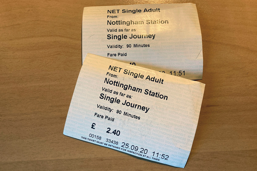 Tickets, Nottingham station-Wilford village 
 Our NET tram tickets. NET operates many fare options one of which is a flat fare system that allows for any one journey up to a maximum of ninety minutes from the time of issue. We got pretty poor value from the 2.40 fare as we only travelled three stops from Nottingham NET station to Ellford village. I would like to revisit Nottingham again and use the trams more extensively finding them to be clean and efficient - other large towns and cities take note! 
 Keywords: Tickets Nottingham station-Wilford village