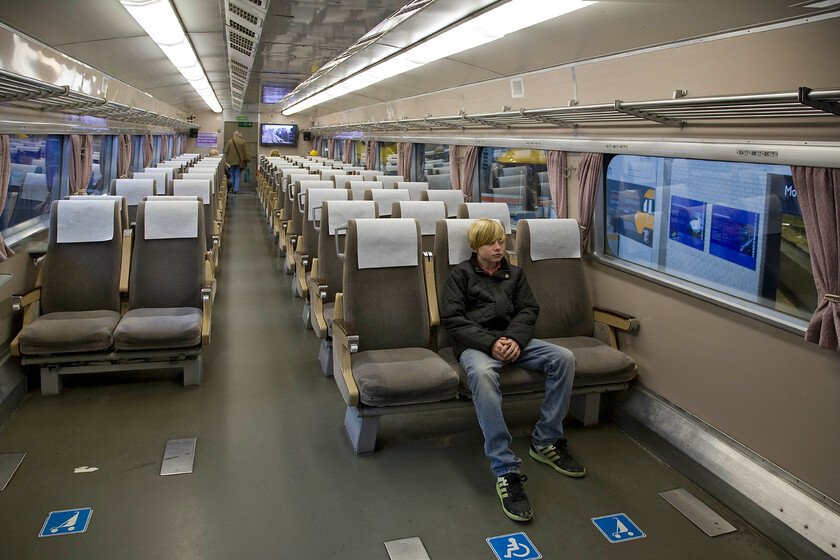 Interior, 22.141, NRM 
 The generous loading gauge of Japanese Railway's enables the interior of their trains to be capacious as is clearly illustrated in this view inside Shinkansen Leading Car 22-141 on display at the NRM. However, I would not describe the interior as particularly luxurious but rather functional being a little auster with a sea of shiny Formica type materials, reminiscent of many Japanese cars from the same era. This power car dates from 1976 and operated on the Tokyo to Osaka route being withdrawn in 2000. 
 Keywords: Interior Bullet Train NRM