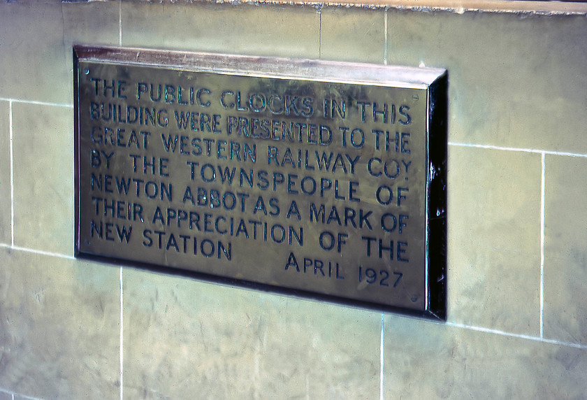 Ex GWR commemorative plaque, Newton Abbot Station 
 A plaque commemorating the placing of the various station clocks back in 1927. I suspect that borough councils would not be expected to pay for the placing of clocks on stations these days, when they are re-built as was Newton Abbot at this time! 
 Keywords: Ex GWR commemorative plaque, Newton Abbot Station