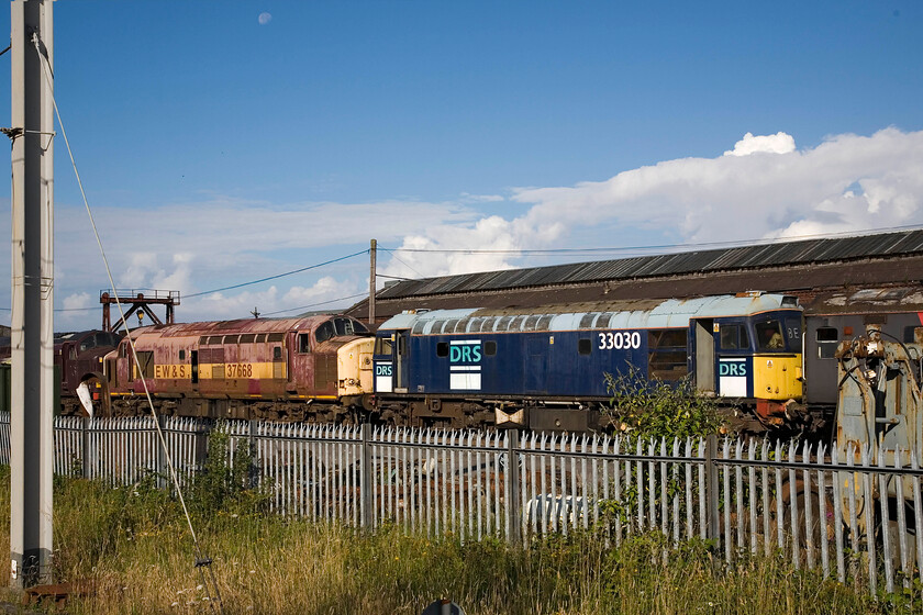 37668 & 33030, stored & stabled, Carnforth WCR 
 The view from Carnforth station into the vast yard owned by West Coast railways reveals much of their stock in various states of disrepair. To the left a decrepit-looking 37668 looks as though it may have a future as a source of spares rather than working on the mainline. Nearer the camera, despite its tatty looks, 33030 is mainline registered and has seen regular work for DRS hauling nuclear waste trains to and from Sellafield. 
 Keywords: 37668 33030 stored stabled Carnforth WCR DRS EWS