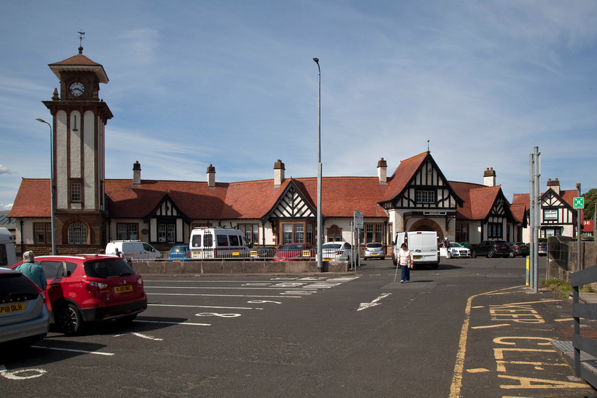 Frontage, Wemyss Bay station 
 The frontage of Wemyss Bay station with its clock tower. The station is a locally listed Grade A structure and is notable, as shown here for its elegant curves and its eclectic mixture of designs including two Japanese pagodas and an Italianate tower as seen here. It was designed for the Caledonian Railway in 1903 by the notable architect James Miller who also designed many Scottish buildings including Glasgow Central station to the Turnbury Hotel. 
 Keywords: Wemyss Bay station