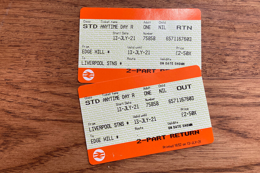 Tickets, Liverpool Lime Street-Edge Hill-Liverpool Lime Street 
 Whilst my return fare from Lime Street to Edge Hill cost a mere 2.50 a quick calculation reveals that this journey is priced at around 83p per mile! 
 Keywords: Tickets Liverpool Lime Street-Edge Hill-Liverpool Lime Street