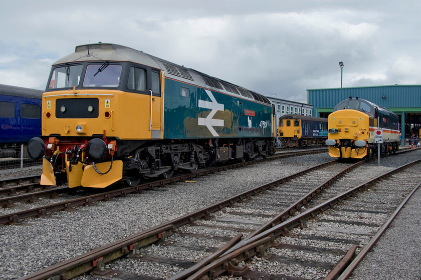 47593, 9705 & 37419, on-display, DRS open day, Kingmoor 
 A quiet scene at DRS's Kingmoor depot with three items of stock on display. To the left is 47593 'Galloway Princess' looking fantastic in its large logo livery complete with a small dog and mini snow ploughs. In the middle is one of DRS's Driving Brake Standard Open (DBSO) coaches that were used, until recently, on the Cumbrian Coast line leading their loco. hauled services. To the right is 37419 'Carl Haviland' repainted into the authentic InterCity livery that it carried for many years. 
 Keywords: 47593 9705 37419 on-display DRS open day Kingmoor