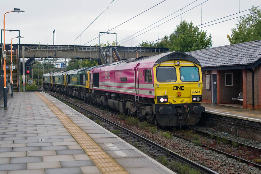 66587, 66593, 66597 & 66553, 07.03 Crewe Basford Hall-Bescot Yard (0Y60, 55L), Bescot Stadium station 
 Running nearly an hour late the 0Y60 07.03 Crewe Basford Hall to Bescot Yard approaches its destination passing through Bescot Stadium station. 66587 'As One We Can', 66593 '3MG Mersey Multimodal Gateway', 66597 'Viridor' and 66553 will be involved in engineering work over the coming Bank Holiday weekend. Of course, in past years locomotives would simply have been taken from the well-stocked Bescot Depot located to my left rather than being moved in convoy from Crewe, some distance away; progress, I am not too sure? 
 Keywords: 66587 As One We Can 66593 3MG Mersey Multimodal Gateway 66597 Viridor 66553 07.03 Crewe Basford Hall-Bescot Yard 0Y60 Bescot Stadium station