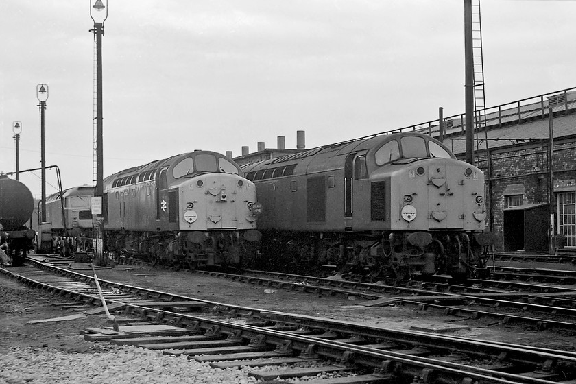 47506, 40082 & 40104, Crewe Works 
 A duo of Class 40s and a Class 47 at Crewe Works. According to contemporary records, 40082 to the left had arrived the previous week for repairs to a fractured bogie, an all too common occurrence for members of the class. Meanwhile, 40104 was on the works for main generator repairs. Lastly, 47506 was at the works for conversion to a Scottish Region push-pull locomotive. It emerged as 47707 in May. In this final guise, it was a little accident prone as it was the locomotive that was pushing the 17.30 Edinburgh to Glasgow service when hit a cow standing on the track on a bend between Polmont and Falkirk, see....https://www.ontheupfast.com/p/21936chg/28963921404/commemorative-plaque-polmont-station Then, just over a year later, it caught fire at Falkirk High whilst pushing another Edinburgh to Glasgow train. 
 Keywords: 47506 40082 40104 Crewe Works