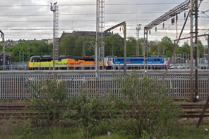 86701 & 86401, stabled & stored, Willesden Depot 
 Long-term residents 86701 'Orion' and 86401 'Northampton Town' are seen in Willesden Yard just outside the depot building from a passing Southern service. The orange paintwork of 86701 is beginning to fade a little after it was applied last year in readiness for a Colas/Tesco tie-up to deliver palletised goods into Central London. This eminently sensible proposal came to nothing apart from costing both parties considerably; perhaps they should have tried harder? 
 Keywords: 86701 86401 stabled stored Willesden Depot Colas Freight NSE Orion Northampton Town