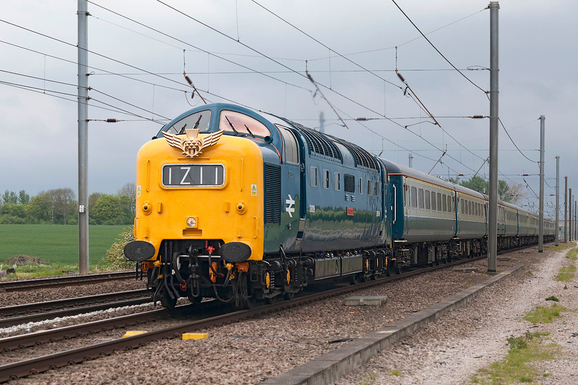 D9009, outward leg of The Leeds & Hull Executive, 06.00 Willington-London Kings Cross (via Leeds, Hull & Spalding) (1Z11), White House Crossing TL227777 
 One of the reasons that I chose this spot at White House Crossing just north of Huntingdon was that The Leeds and Hull Executive railtour would be on the fast line as there is no up slow at this point. Being on the up fast would mean that the train would be working hard to keep its path avoiding delaying other trains. I was right as D9009 'Alycidon' was at full chat and making all the right noise as it raced south complete with the flying thistle on the front. It was also great to see a long an uniformed rake of blue and grey Mk.II stock to complete the picture. I have to admit that the whole feast of the sight and sound did trigger a little emotion in me! 
 Keywords: D9009 The Leeds & Hull Executive 1Z11 White House Crossing TL227777