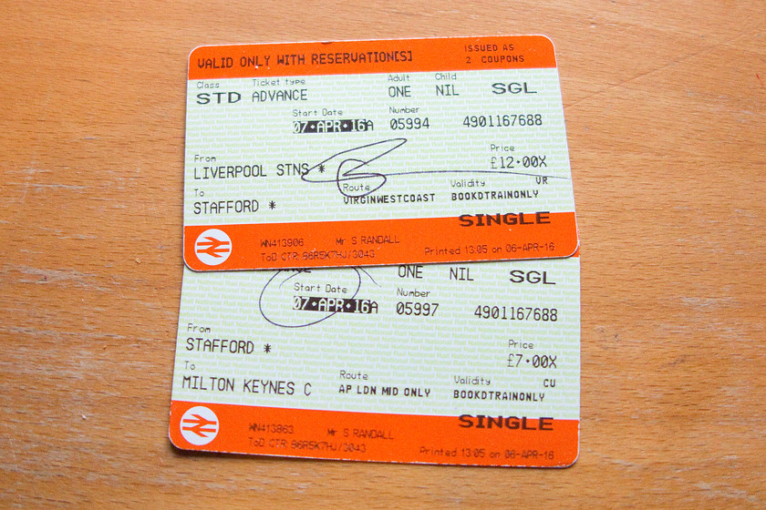 Tickets, Liverpool Lime Street-Milton Keynes Central 
 My ticket from Lime Street to Milton Keynes. By splitting the ticket at Stafford, I was able to save a reasonable sum of money.