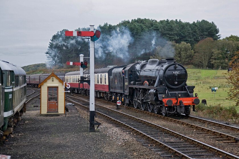 44767, 10.30 Sheringam-Holt, Weybourne station 
 Resident Back 5 44767 'George Stephenson' arrives at Weybourne station leading the 10.30 Sheringham to Holt train, the first steam working of the day on the North Norfolk Railway. To the left A1A-A1A D5631 is stabled in the bay. 
 Keywords: 44767 10.30 Sheringham-Holt, Weybourne station George Stephenson Black 5