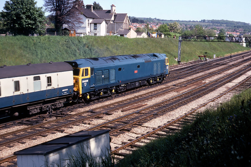 50028, 08.40 Liverpool-Penzance, Forde Park Road, Newton Abbot 
 I do not take going-away photographs as a rule. However, on this day I must have been overcome by a combination of things such as the sun, the subject matter and the position that I had got myself into so that I felt the need to press the shutter for a second time! In its pre-refurbishment condition but in receipt of a recent re-paint 50028 'Tiger' leads the 08.40 Liverpool Lime Street to Penzance away from Newton Abbot. There was a different attitude towards being on railway property then enabling photographs like this to be taken. Also towards the shirtless homeowner adjacent to the signal gantry fly-mowing the top of the embankment! If one could gain access to this location today a photograph would be impossible due to rampant and uncontrolled tree growth. 
 Keywords: 50028 08.40 Liverpool-Penzance Forde Park Road Newton Abbot Tiger