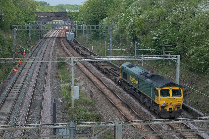 66519, 08.20 Birch Coppice-Felixstowe North (4L57, 22E), A508 bridge Roade 
 66519 passes through Roade cutting taken from the A508 bridge in the centre of the village. It is leading the 08.20 Birch Coppice to Felixstowe North 4L27 Freightliner that like many freight services arrived early due to less congestion from the much-reduced passenger timetable being in place. The track workers to the left are undertaking work to clear vegetation from the embankment of the cutting with the up and down fast lines closed. Notice the sunbathed cutting in the background but that the foreground is in full shade. Such is the nature of railway photography! 
 Keywords: 66519 08.20 Birch Coppice-Felixstowe North 4L57 A508 bridge Roade Freightliner