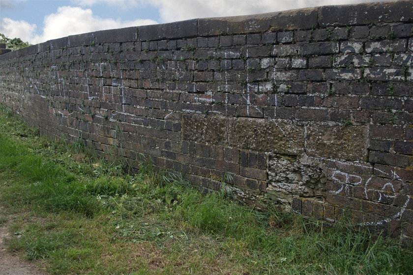 Survey markings, Victoria bridge 
 When I arrived at Victoria bridge I thought that somebody had been vandalising it with what appeared to be paint marks the length of the brickwork. On closer inspection, I realised that they were markings applied as part of a bridge inspection identifying some degradation of the structure. By far the worst is shown in this image with some severe cracks on the mortar and the whole section developing quite a lean. I suspect that the bridge, which is one of my favourite haunts, will undergo some repair work. In addition to this survey work, a huge area of ivy had been removed from the other end of the bridge. The main trunk of the invasive and destructive plant was lying on the embankment below and pretty substantial it was too! 
 Keywords: Survey markings Victoria bridge