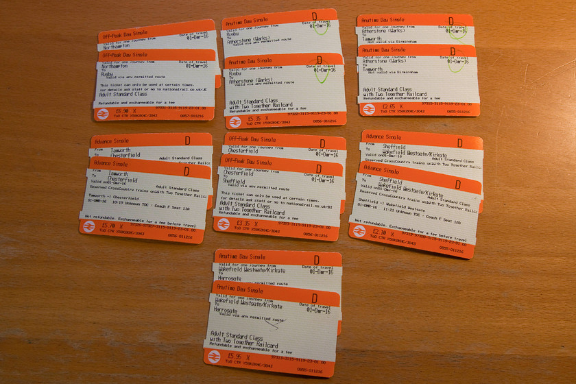 Tickets, Northampton-Knaresborough 
 By splitting the tickets for the journey from Northampton to Knaresborough a huge saving was gained. For the two of us, 64 was a reasonable single fare but it does mean a total of fourteen tickets needed printing; how ridiculous! 
 Keywords: Tickets Northampton-Knaresborough