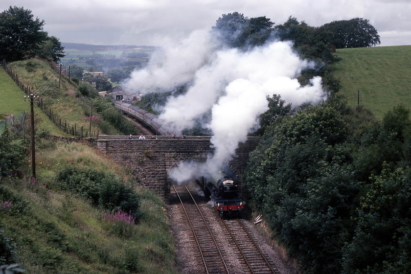 4472, outward leg of The North Yorkshireman, Carnforth-Skipton, Melling SD603711 
 Having crossed the Lune Valley, 4472 'Flying Scotsman' climbs up towards Wennington Tunnel passing the village of Melling. It is hauling the outward leg of The Cumbrian Mountain Express that I believe it took from Carnforth with the train originating somewhere else. I have checked on Google Earth and this view is no longer available due to rampant and uncontrolled tree growth both above the tunnel mouth below and within the cutting itself. 
 Keywords: 4472 outward leg of The North Yorkshireman Carnforth-Skipton, Melling SD603711