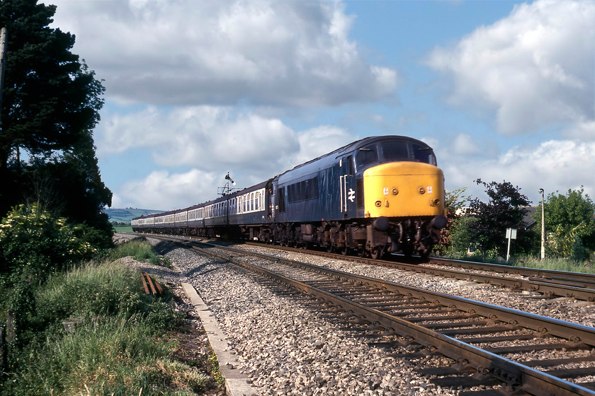 45076, 12.25 Manchester Piccadilly-Paignton, Stoke Canon 
 The first of two down Peak hauled trains passes Stoke Canon in the afternoon sunshine. 45076 leads the 12.25 Manchester to Paignton service no doubt carrying a number of holidaymakers from the north-west away for their week by the seaside. As well as a lovely week on the fabled English Riviera, the journey down by train was an important part of any holiday and what better way to travel than in a Mk.I coach hauled by one of Derby's finest! 
 Keywords: 45076 12.25 Manchester Piccadilly-Paignton Stoke Canon Peak