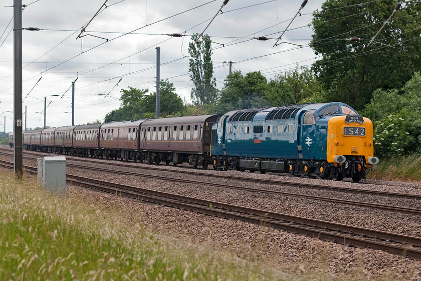 55009, return leg of The Albert Gilmour Memorial, 15.23 London King`s Cross-Edinburgh (1Z42), Offord-D`Arcy TL213652 
 55009 'Alycidon' looks absolutely superb passing Offord D'Arcy at the head of the return leg of The Albert Gilmour Memorial railtour. This was the 1Z42 15.23 London King's Cross to Edinburgh that the Deltic hauled all the way, arriving on-time. It was a shame that the train was booked for the down slow line as it was hot on the heels of a Peterborough local train that meant it was off the power here. I know that these engines are 50 years old now but they are capable of 100mph sustained running. On a Saturday afternoon, with a bit afore thought, I'm sure that there are paths on the fast lines that can allow the power of these mighty machines to be full exploited. 
 Keywords: 55009 The Albert Gilmour Memorial 1Z42 Offord-Darcy TL213652