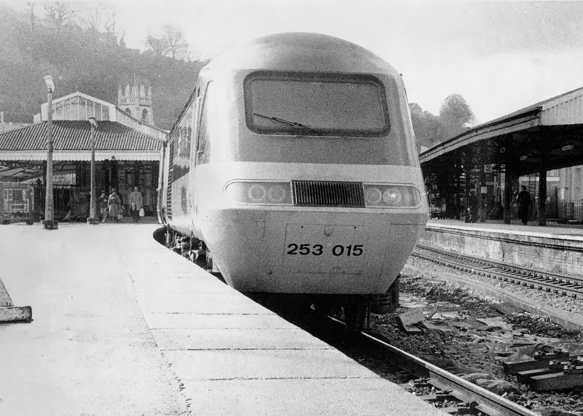 253015, unidentified down Paddington working, Bath-Spa station 
 My first ever photograph of an HST and it's in black and white! Inspired by a teacher at school who did some amateur photography I thought that I would try out some monochrome photograph buying a roll of Ilford FP4. Mr. Womack (Metalwork teacher) processed the film and produced some prints for me including this one. It shows HST set 253015 standing at Bath Spa with a down working. This power car is one of W43028 or W43029, if it is the latter it was the rear power car of the 17.35 Paddington to Plymouth service on 06.11.99 involved in the Upton Nervet derailment. The leading power car on that fateful autumn evening was 43019 that was written off but 43029 survived and remained in service on the Western Region until the end of HST operations in May 2019. 
 Keywords: 253015 down Paddington working Bath-Spa station HST