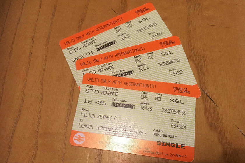 Tickets, Milton Keynes Central-LondonEuston 
 For the three of us, a combined fare of 16 single is not bad value I suppose?