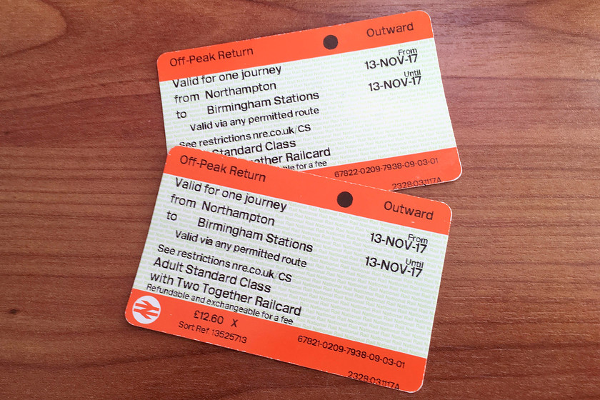 Tickets, Northampton-Birmingham New Street 
 The same fare as the previous week for the same journey, 12.60 OP return is not bad value. 
 Keywords: Tickets Northampton-Birmingham New Street