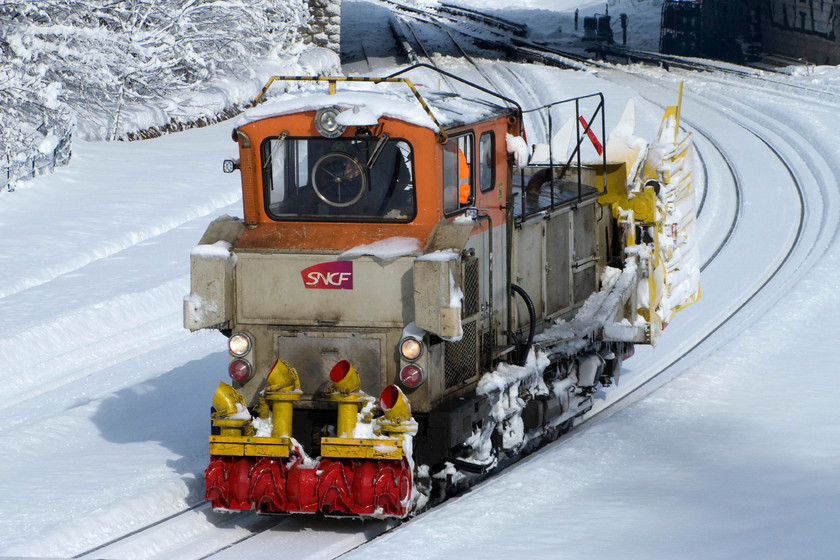 Snowblower, Chamonix Mt 
 An SNCF snowblower heads off down the line at Chamonix towards St Gervais/Le Fayet. This was the last picture I took on this trip to France before heading back to the hotel for our transfer to Geneva airport. 
 Keywords: Snowblower Chamonix Mt. Blanc station