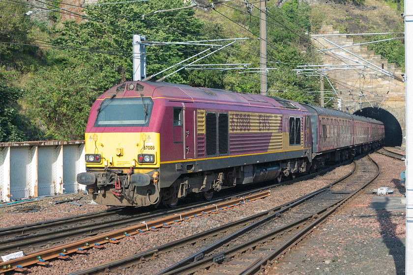 67008, outward leg of ScotRail Border`s Railway steam special, 16.46 Edinburgh Waverley-Tweedbank (1Z24), Edinburgh Waverley station 
 67008 brings up the rear of the 16.46 Edinburgh Waverley to Tweedbank Border's Railway steam special. Already through Calton Tunnel 46100 'Royal Scot' was leading the train. On arrival at Tweedbank, the class 67 would then lead the return train arriving back into Waverley at just after 21.30 
 Keywords: 67008 ScotRail Border`s Railway steam special 16.46 Edinburgh Waverley-Tweedbank 1Z24 Edinburgh Waverley station