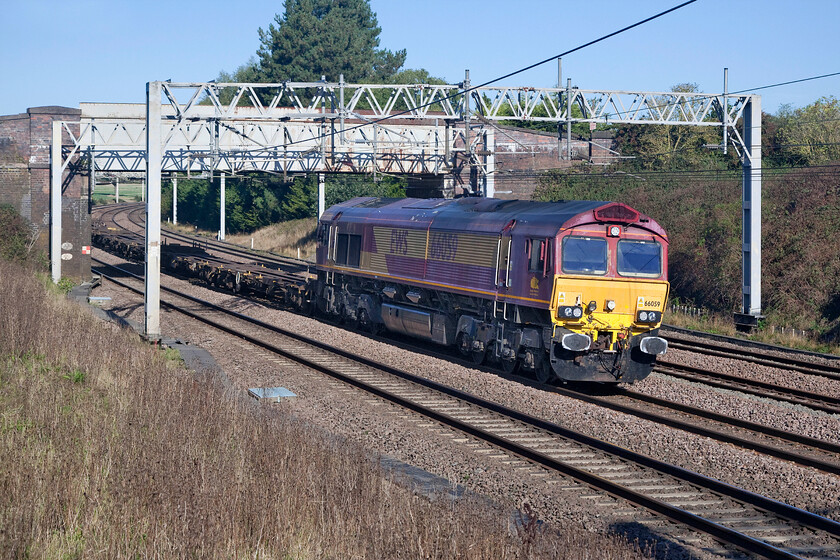 66059, 08.10 Trafford Park-Bescot Down Side (4Z27, 15L), Heamies bridge 
 I read in the railway press that DB Cargo UK is to make a concerted effort to repaint and rebrand their remaining locomotives that still carry the defunct (since 2007) EWS livery some still with their original branding as seen here. They will have a lot of work to do as many Class 66s are still operating in this guise so I suspect that they will be around for a while yet. 66059 passes south on the approach to Norton Bridge Junction having just passed under Heamies bridge. It is leading the 4Z27 08.10 Trafford Park to Bescot working that is conveying a small number of box flats probably for maintenance at the large West Midlands facility. 
 Keywords: 66059 08.10 Trafford Park-Bescot Down Side 4Z27 Heamies bridge EWS DB Cargo UK