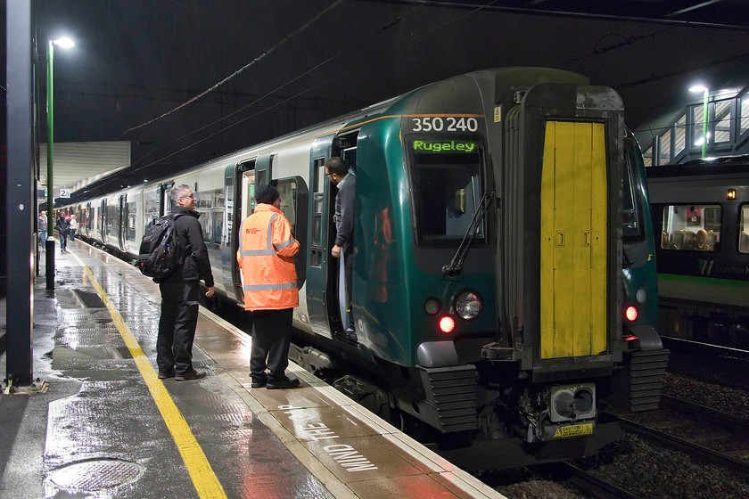 350240, LN 19.15 London Euston-Northampton, cancelled from Northampton (9K38, 51L), Northampton station 
 Much discussion between train crew takes place at Northampton after the arrival of 350240 that control had just decided to cancel from here! We had taken this train back from Euston but it was not the one we were supposed to be on. Our advanced tickets had us on the 19.51 but there was no indication at Euston if this train was even going to run so we were advised to take the next service north. The 19.15 Euston to Rugeley Trent Valley left at just after 20.00 so we took this one arriving at Northampton fifty-one minutes down but only marginally later than we actually should have done. However, for passengers going on further, they had to de-train as the service was cancelled to work south to Euston again, what chaos! 
 Keywords: 350240 19.15 London Euston-Northampton cancelled Northampton 9K38 Northampton station lateness delayed delay reapy London NorthWestern