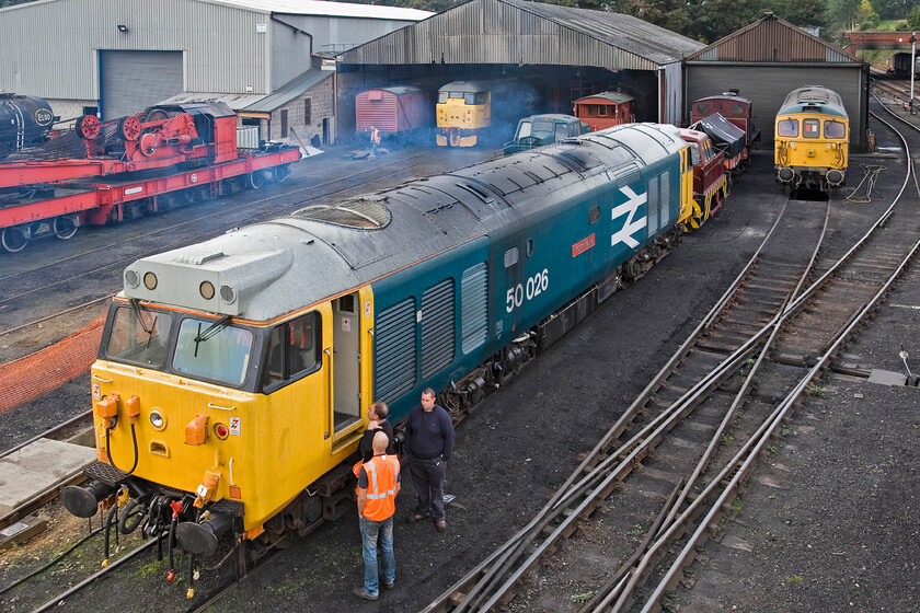 50026, stabled, Wansford Yard 
 50026 'Indomitable' is being prepared for service in Wansford Yard as part of the autumn Nene Valley diesel gala. It was later to lead a return service to Peterborough but it then failed and had to be assisted back to Wansford causing a delay to the gala services. My first photograph of 50026 was thirty-five years ago on far more familiar territory, see... https://www.ontheupfast.com/p/21936chg/25327932004/x50026-unidentified-up-working-bedwyn 
 Keywords: 50026 stabled Wansford Yard Indomitable