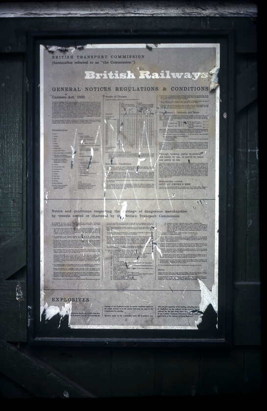 Ex BTC regulations & conditions notice, former goods shed, Whimple 
 We explored the former goods shed adjacent to Whimple station with impunity on this quiet Saturday morning with the doors open and the gates to the yard having been removed! Inside the dark interior, we stumbled across this vintage paper notice stuck to the boarding. Posted by the British Transport Committee it lists the conditions of carriage that today would be referred to as Ts&Cs! The BTC was established as part of Nationalisation in 1948 being abolished in 1962 under the chairmanship of the infamous Dr. Richard Beeching. 
 Keywords: BTC regulations & conditions notice former goods shed Whimple