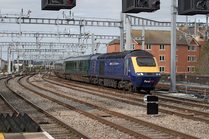 43161, GW 10.24 Cardiff Central-Cardiff Central ECS (5C73), Cardiff Central station 
 43161 leads the 5C73 empty coaching stock into Cardiff Central station. This could have been a picture taken at any time in the last few years but the train is one of Great Western's 'classic' HST sets now finding work on local services in South Wales and the West Country. This particular four-car set, with 43196 on the rear, would soon work the 11.00 to Taunton. I hope that the passengers using these trains enjoy their travelling experience more than on the class 15X units that they have replaced. Let's hope that the sets are soon painted into a uniform livery and refurbished so that they look the part than simply appearing to be hand-me-down former mainline express hybrid sets! 
 Keywords: 43161 10.24 Cardiff Central-Cardiff Central ECS 5C73 Cardiff Central station