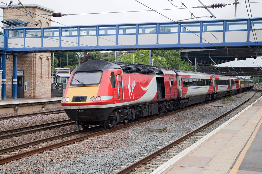 43251, GR 07.30 Edinburgh Waverley-London Kings Cross (1E05, RT), Huntingdon station 
 HST power car 43251 leads the 07.30 Edinburgh Waverley to King's Cross through Huntingdon station. 43251 was delivered as 43051 as part of Western region set 253025 in 1977. 
 Keywords: 43251 1E05 Huntingdon station